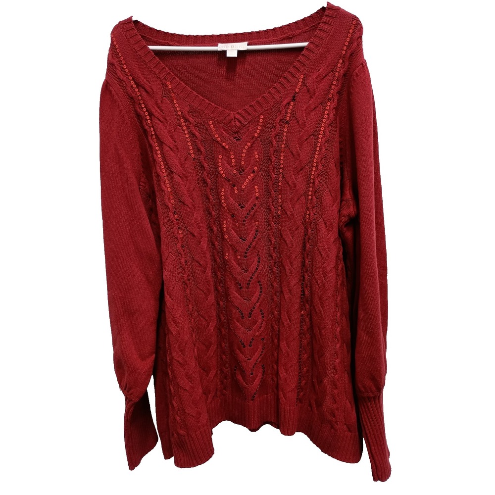 Belle By Kim Gravel Sweater Womens 1X Red Sequined Cable Knit Holiday Pullover